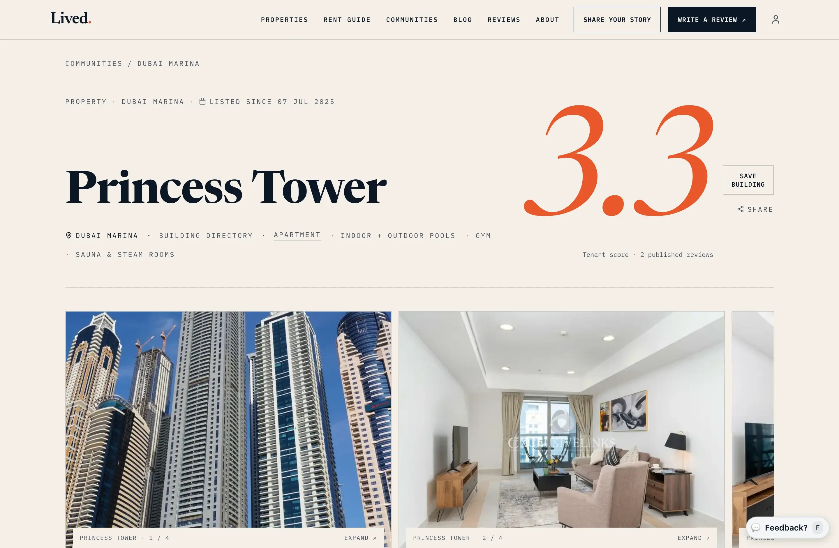 Lived’s public Princess Tower building detail page with resident review and building information