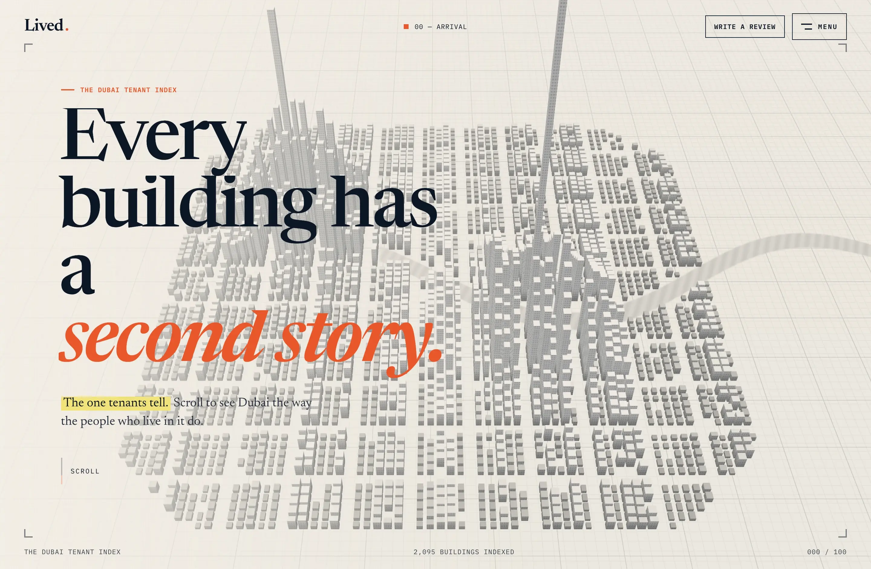 Lived’s Dubai Tenant Index homepage with a three-dimensional city map and the message Every building has a second story