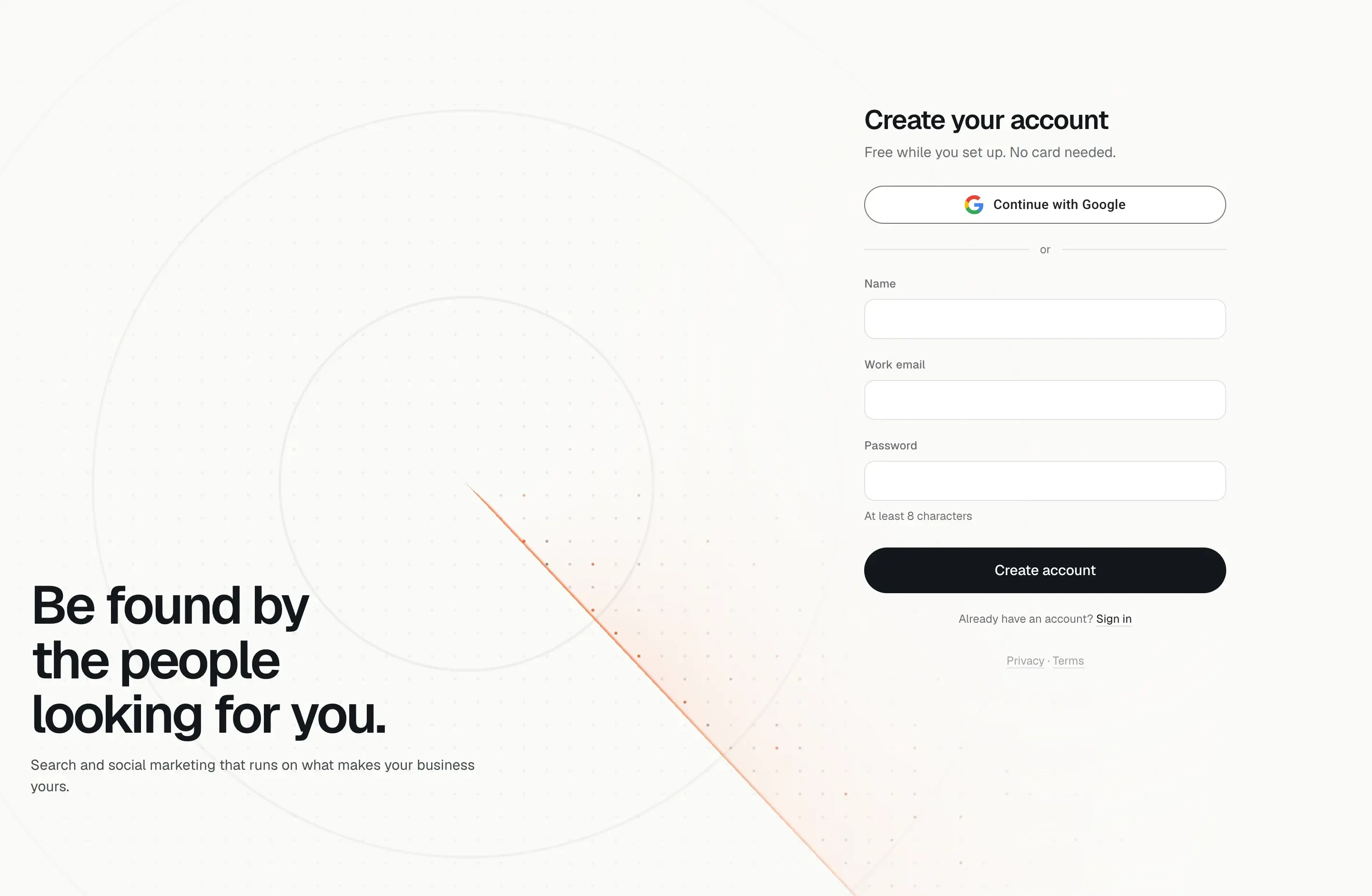 Radar’s public signup screen with its search and social marketing introduction and account creation form