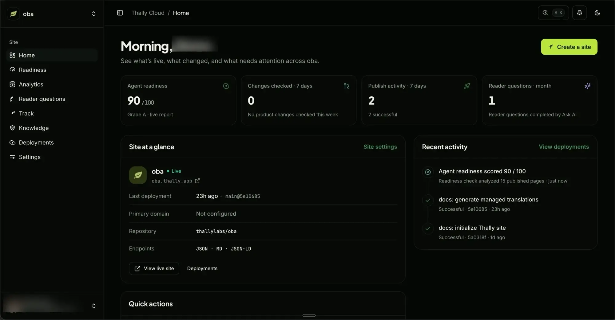 Thally Cloud’s public product preview showing agent readiness, site status, deployments, and recent activity