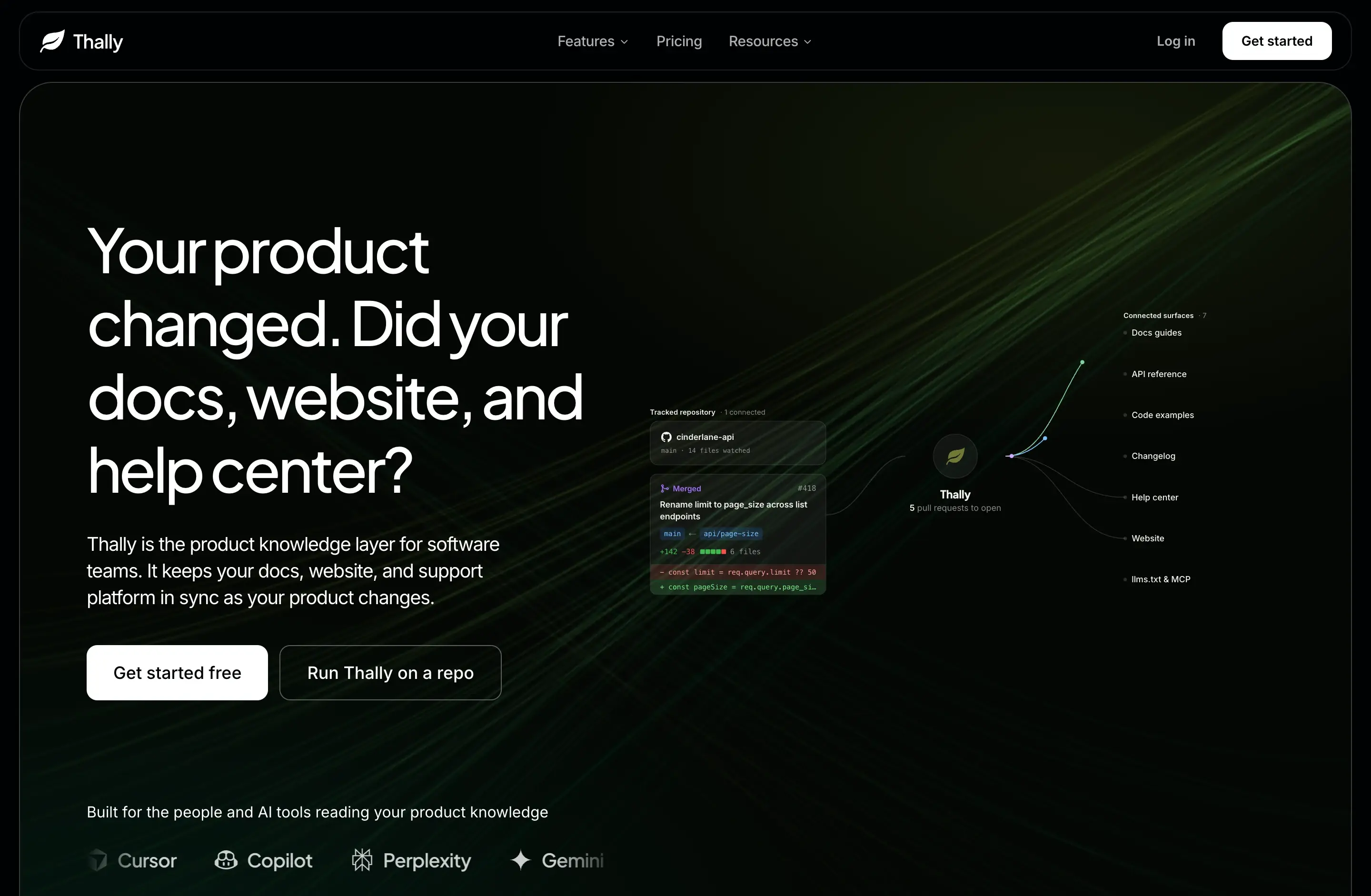 Thally homepage introducing the connection between product changes and documentation